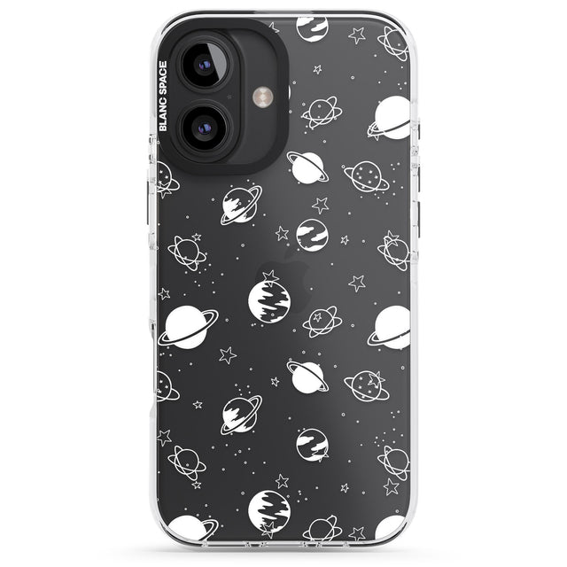 iPhone 16 Pro Max White Planets on Clear Black Impact Phone Case