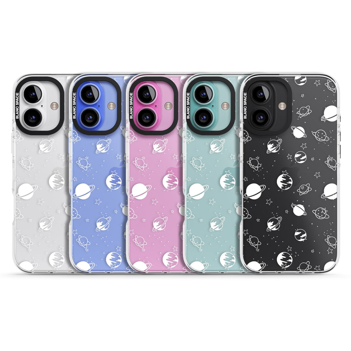 iPhone 16 Pro Max White Planets on Clear Black Impact Phone Case