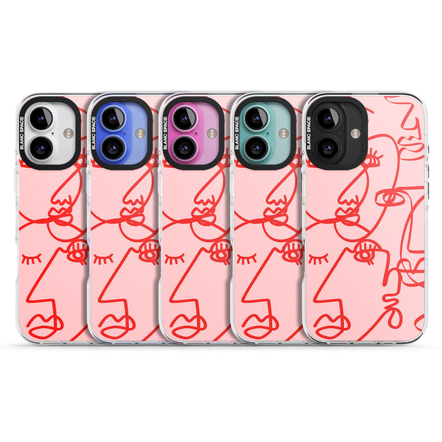 iPhone 16 Pro Max Abstract Continuous Line Faces Red on Pink Black Impact Phone Case