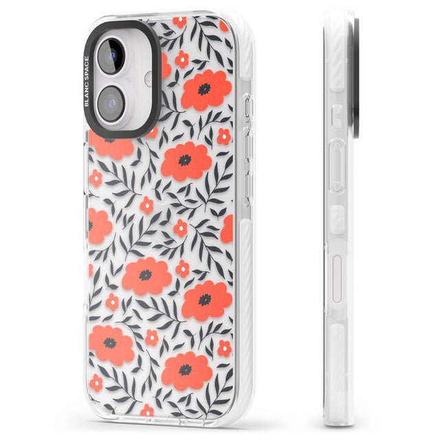 iPhone 16 Pro Max Red Poppy Transparent Floral Black Impact Phone Case