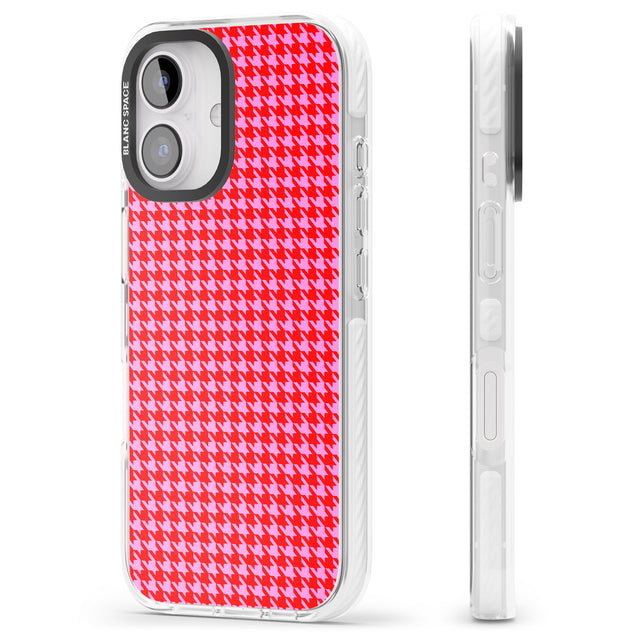 iPhone 16 Pro Max Neon Pink & Red Houndstooth Pattern Black Impact Phone Case