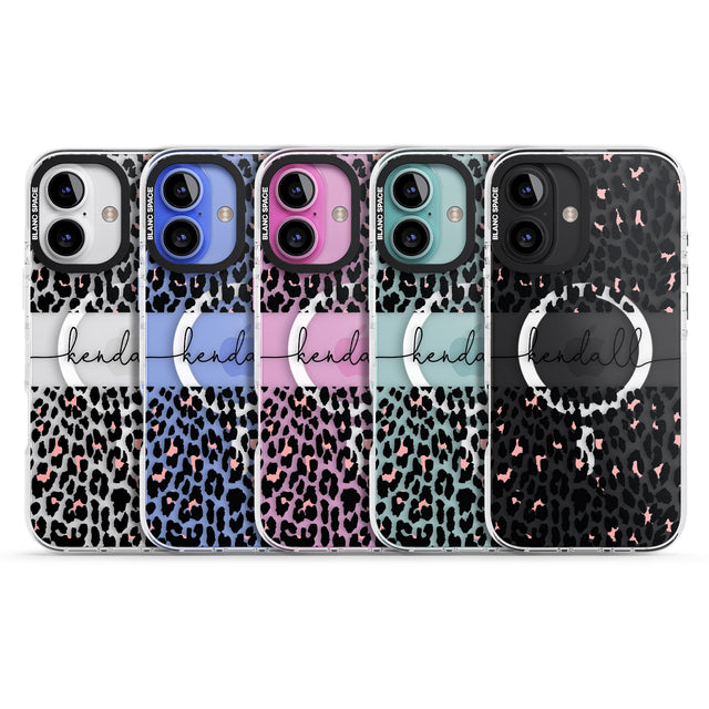 iPhone 16 Pro Max Personalised Pink & Cursive Leopard Spots Black Impact Phone Case