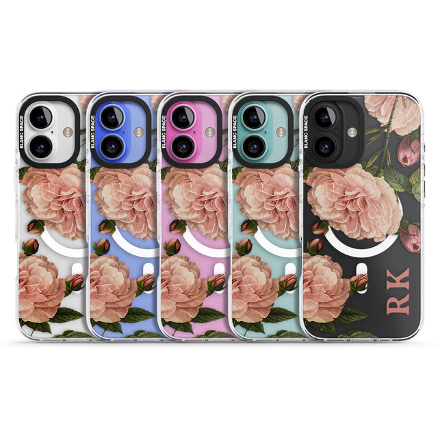 iPhone 16 Pro Max Personalised Clear Vintage Floral Pale Pink Peonies Black Impact Phone Case