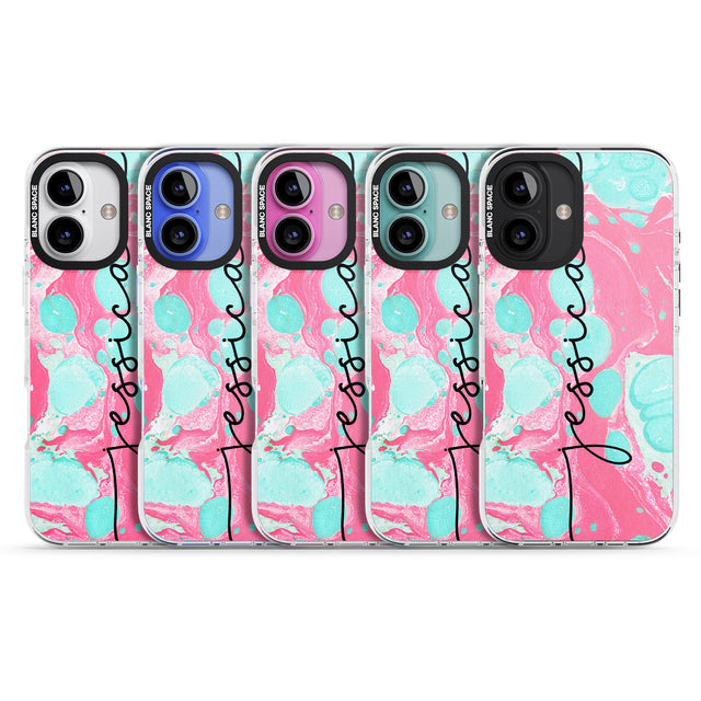 iPhone 16 Pro Max Personalised Turquoise & Pink - Marbled Black Impact Phone Case