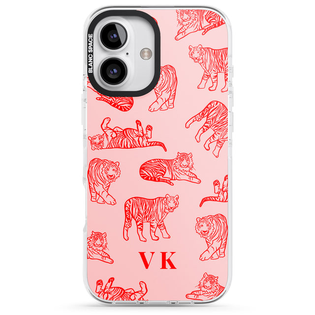 iPhone 16 Pro Max Personalised Red Tiger Outlines on Pink Black Impact Phone Case