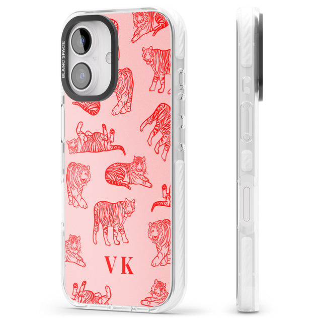 iPhone 16 Pro Max Personalised Red Tiger Outlines on Pink Black Impact Phone Case