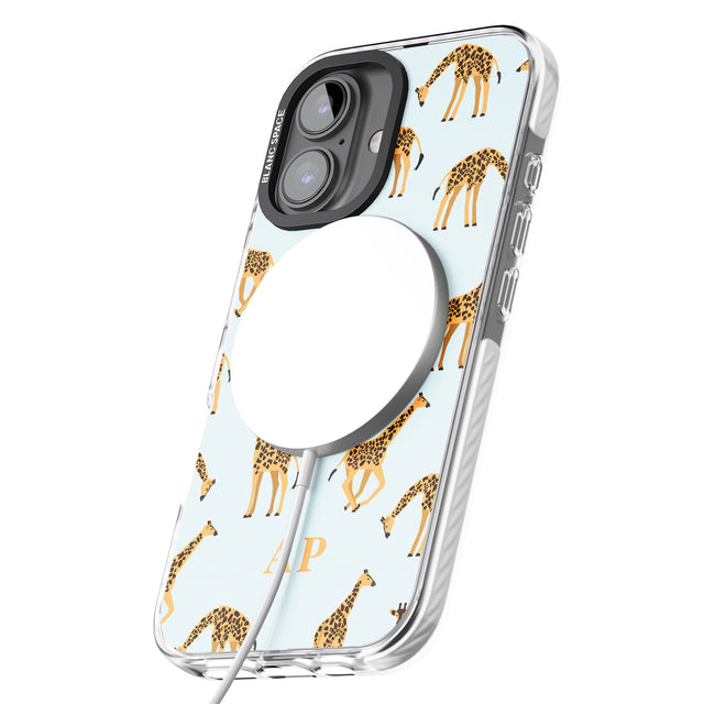 iPhone 16 Pro Max Personalised Safari Giraffe Pattern on Blue Black Impact Phone Case