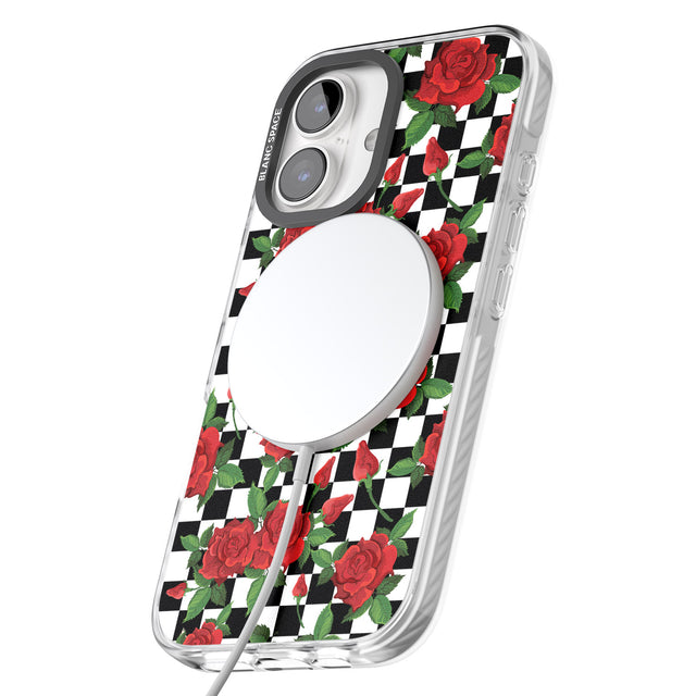 iPhone 16 Pro Max Checkered Pattern & Red Roses Black Impact Phone Case