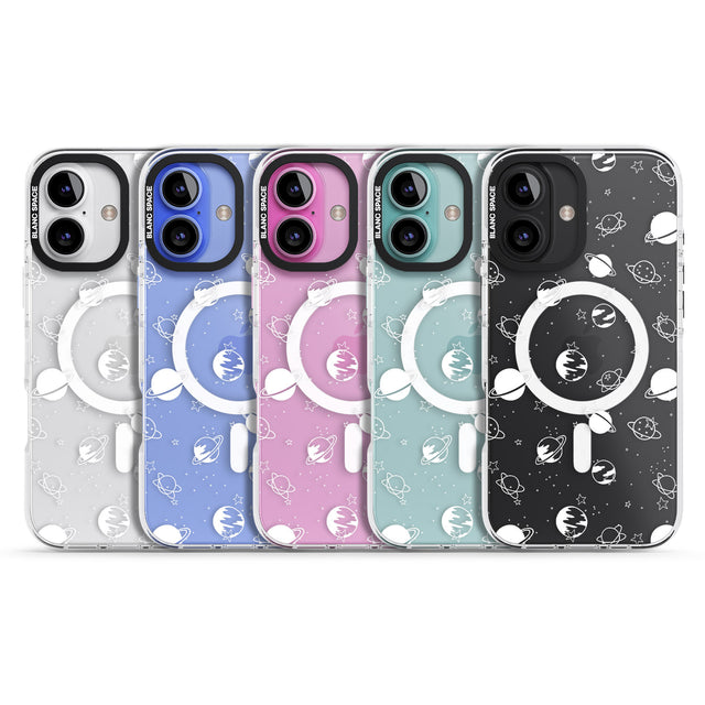 iPhone 16 Pro Max White Planets on Clear Black Impact Phone Case