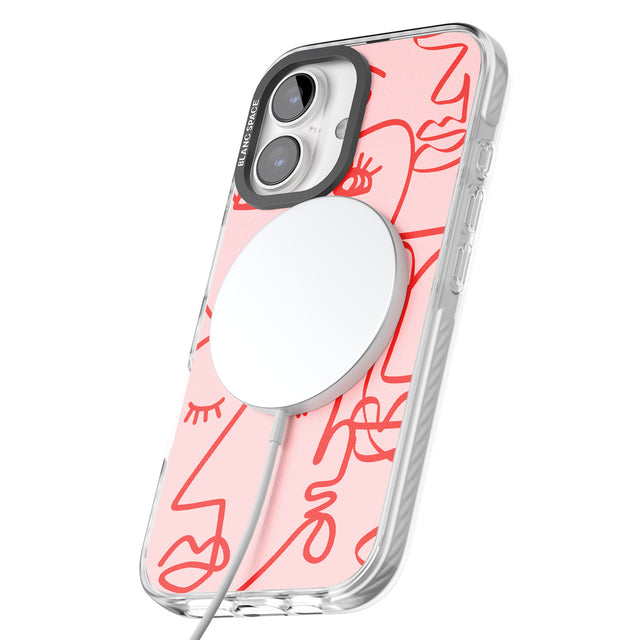 iPhone 16 Pro Max Abstract Continuous Line Faces Red on Pink Black Impact Phone Case