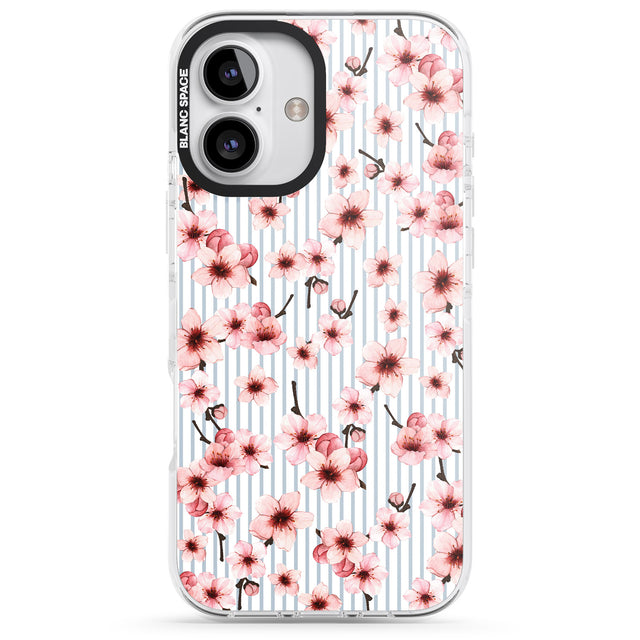 iPhone 16 Pro Max Cherry Blossoms on Blue Stripes Pattern Black Impact Phone Case