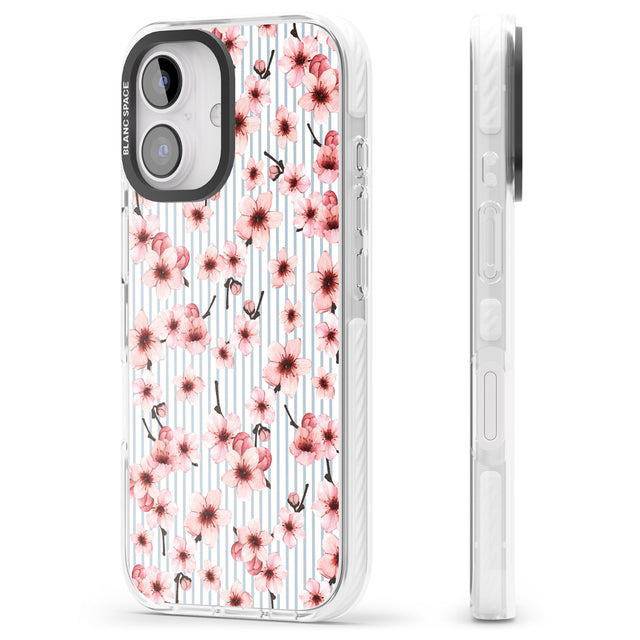 iPhone 16 Pro Max Cherry Blossoms on Blue Stripes Pattern Black Impact Phone Case