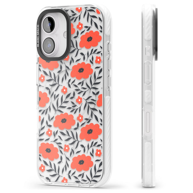 iPhone 16 Pro Max Red Poppy Transparent Floral Black Impact Phone Case