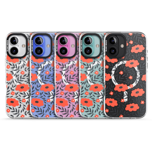 iPhone 16 Pro Max Red Poppy Transparent Floral Black Impact Phone Case