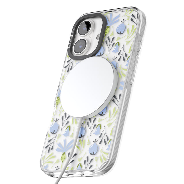 iPhone 16 Pro Max Blue Flora Transparent Floral Black Impact Phone Case