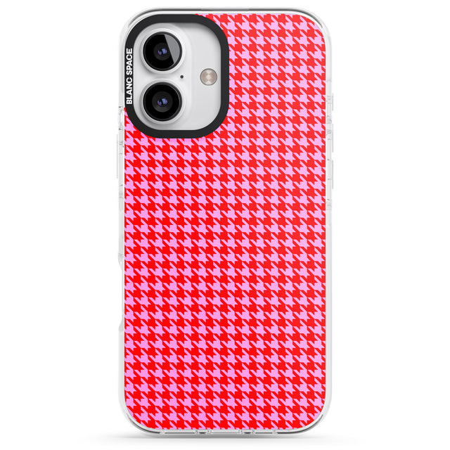 iPhone 16 Pro Max Neon Pink & Red Houndstooth Pattern Black Impact Phone Case