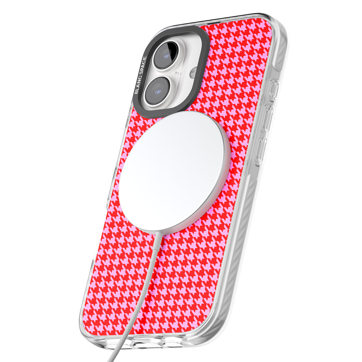 iPhone 16 Pro Max Neon Pink & Red Houndstooth Pattern Black Impact Phone Case