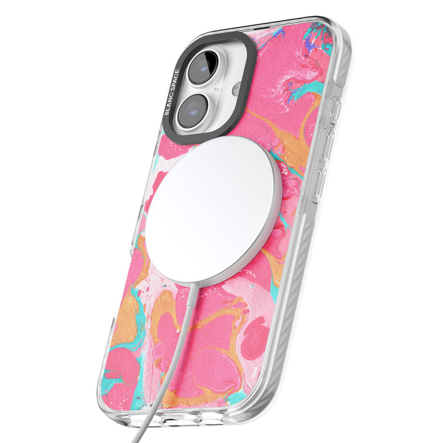 iPhone 16 Pro Max Pink, Orange & Turquoise Marbled Paper Pattern Black Impact Phone Case