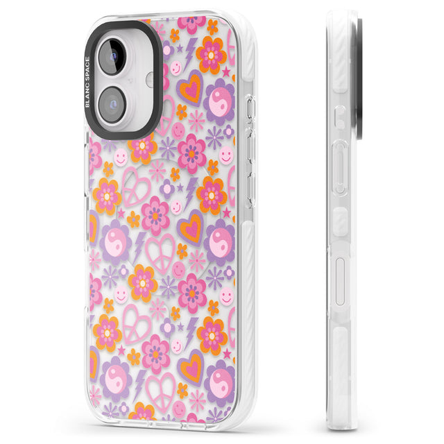 iPhone 16 Pro Max Peace, Love and Flowers Pattern Black Impact Phone Case