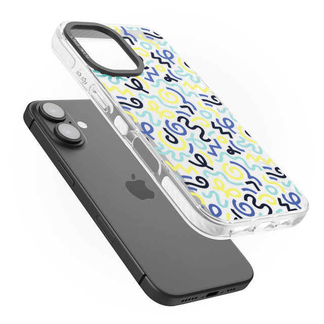 iPhone 16 Pro Max Blue & Yellow Shapes Memphis Retro Pattern Design Black Impact Phone Case