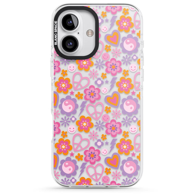 iPhone 16 Pro Max Peace, Love and Flowers Pattern Black Impact Phone Case