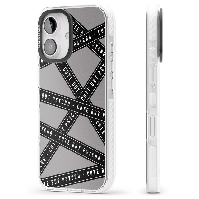 iPhone 16 Pro Max Caution Tape Phrases Cute But Psycho Black Impact Phone Case