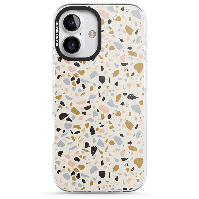 iPhone 16 Pro Max Pale Pink, Blue, & Mocha Terrazzo Pattern Black Impact Phone Case