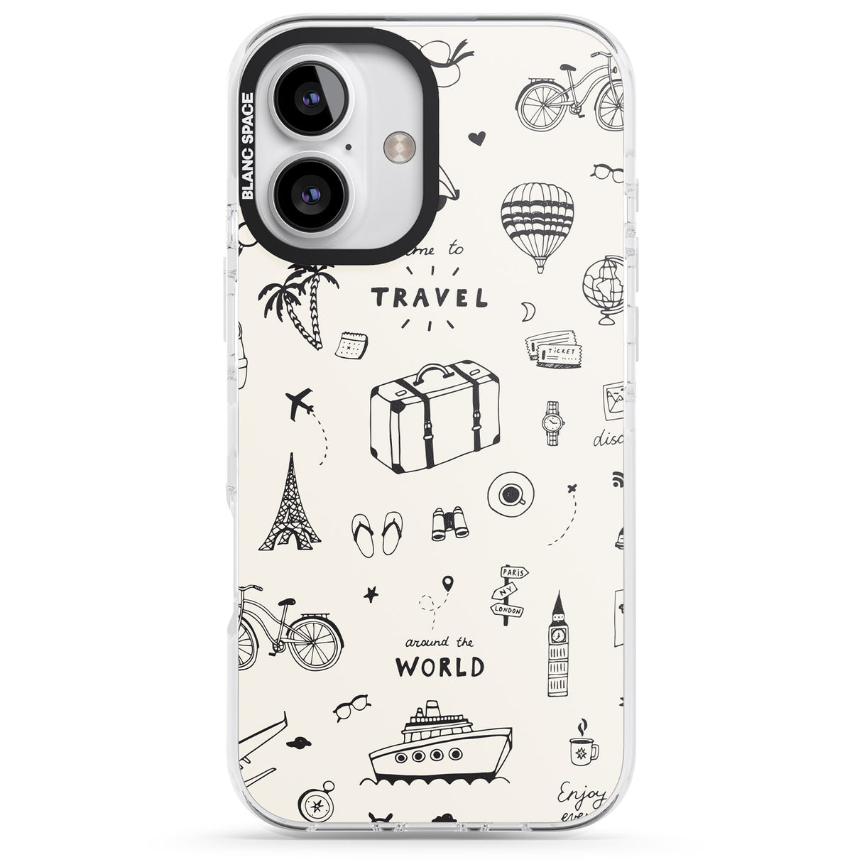 iPhone 16 Pro Max Cute Travel Pattern, White on Black Impact Phone Case