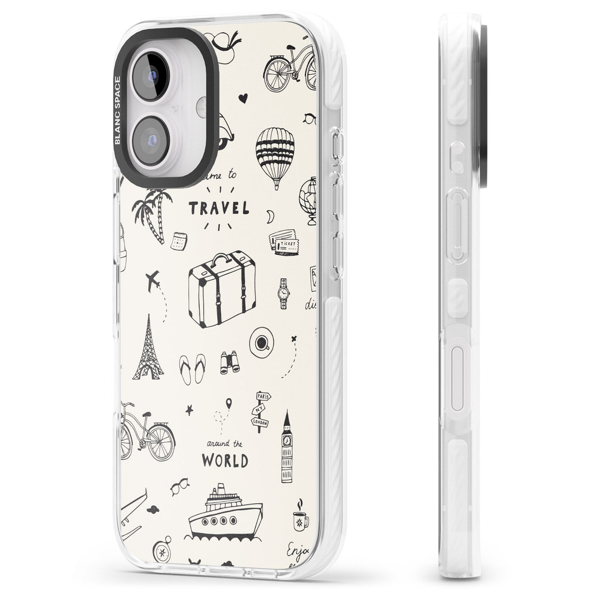 iPhone 16 Pro Max Cute Travel Pattern, White on Black Impact Phone Case