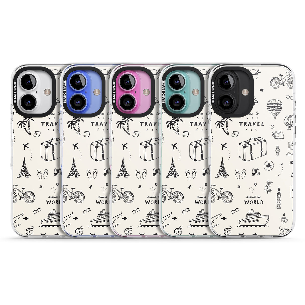 iPhone 16 Pro Max Cute Travel Pattern, White on Black Impact Phone Case