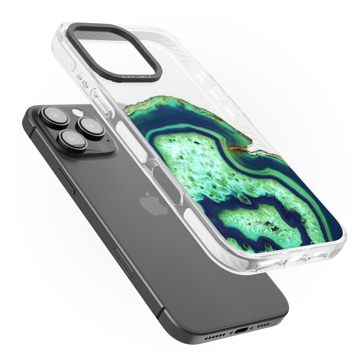 iPhone 16 Pro Max Neon Green & Blue Agate Crystal Transparent Design Black Impact Phone Case