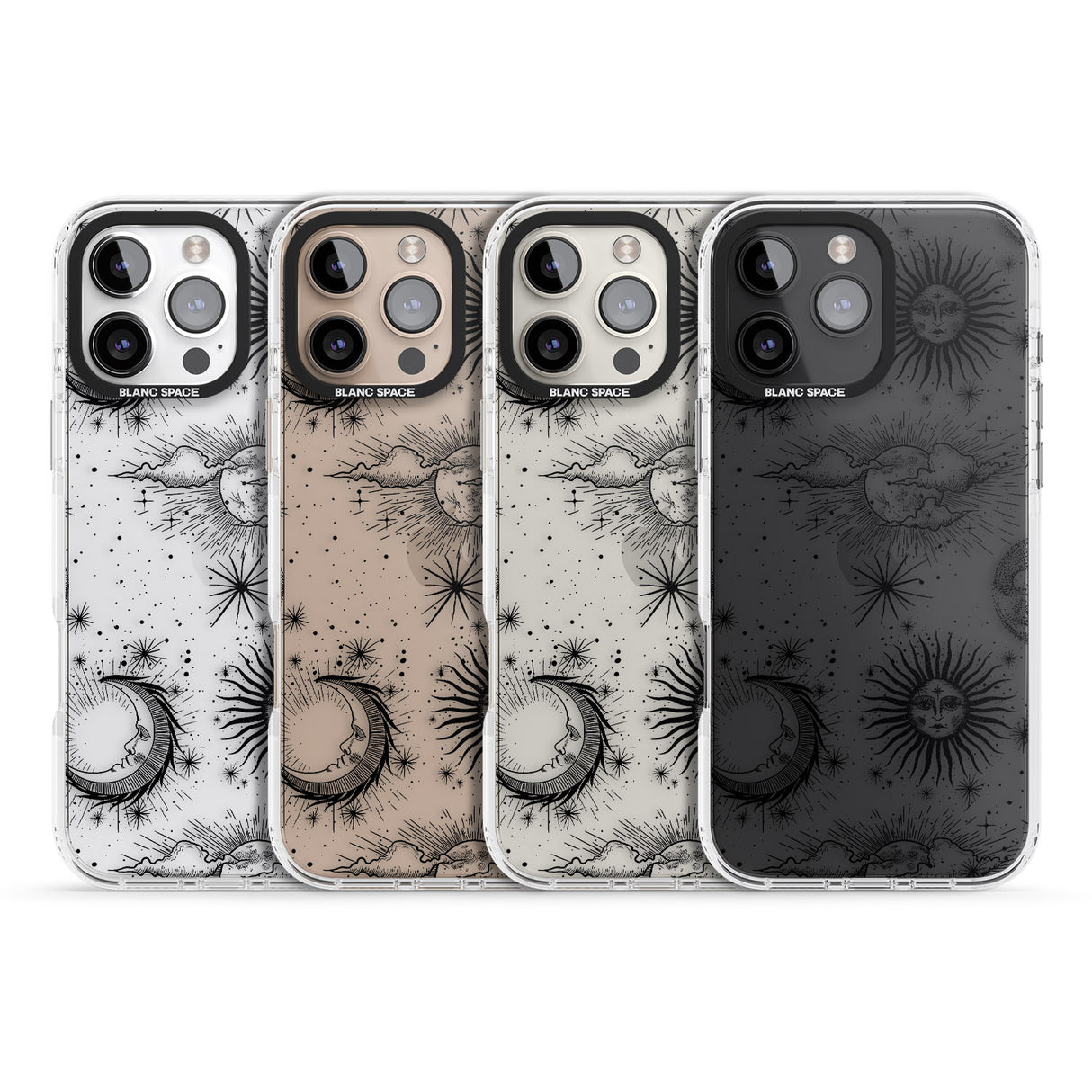 iPhone 16 Pro Max Transparent Suns, Moons & Clouds Black Impact Phone Case