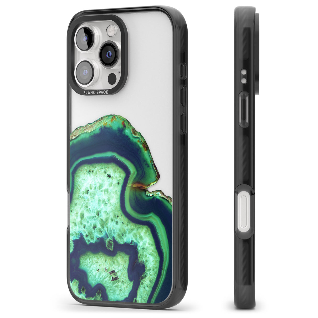 iPhone 16 Pro Max Neon Green & Blue Agate Crystal Transparent Design Black Impact Phone Case