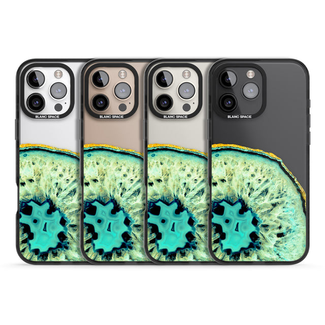 iPhone 16 Pro Max Turquoise & Green Gemstone Crystal Clear Design Black Impact Phone Case