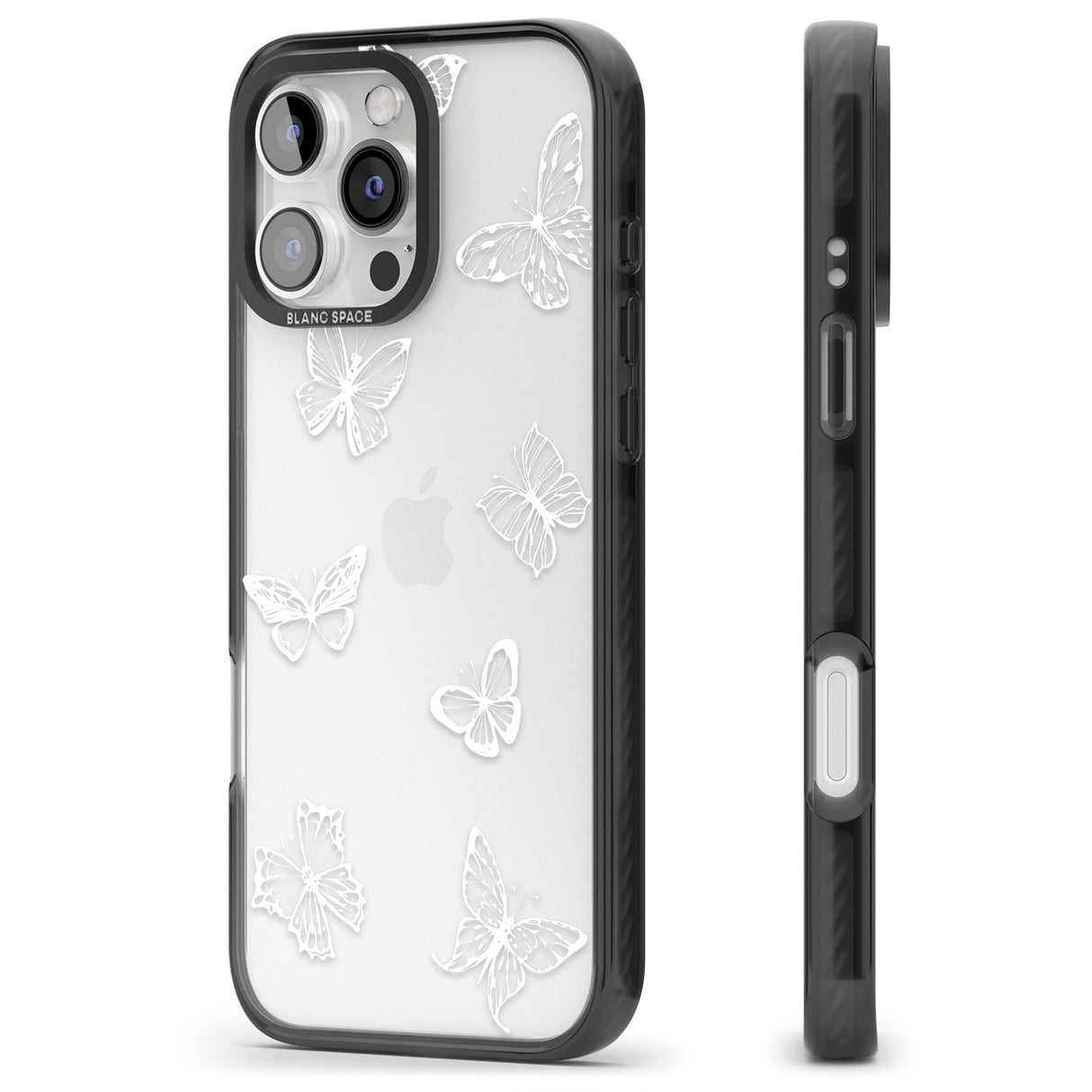 iPhone 16 Pro Max White Butterfly Line Pattern Black Impact Phone Case