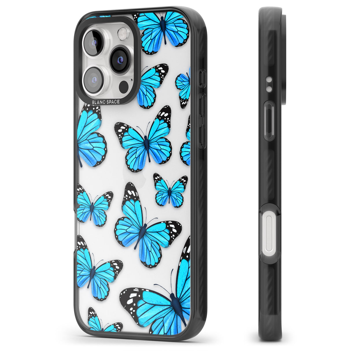 iPhone 16 Pro Max Blue Butterflies Black Impact Phone Case