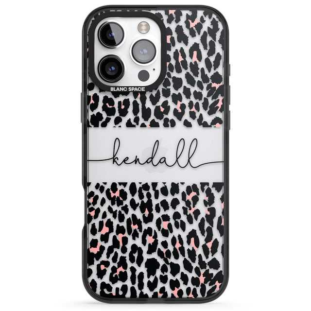 iPhone 16 Pro Max Personalised Pink & Cursive Leopard Spots Black Impact Phone Case