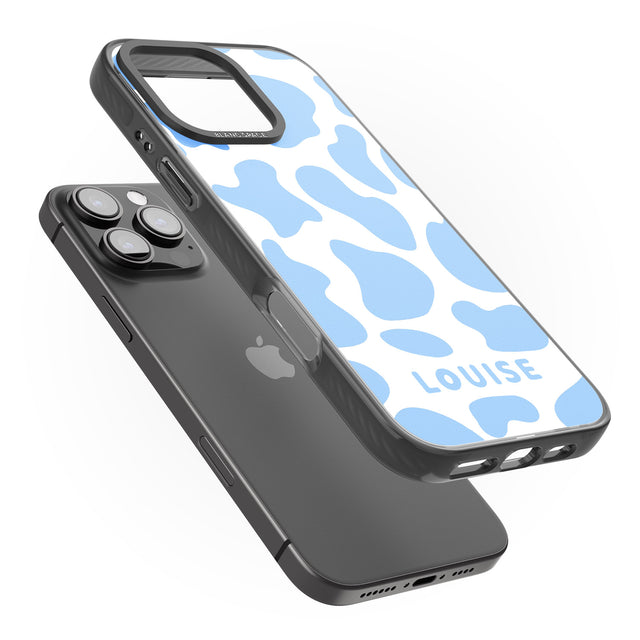 iPhone 16 Pro Max Personalised Blue and White Cow Print Black Impact Phone Case