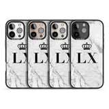 iPhone 16 Pro Max Personalised Initials with Crown on White Marble Black Impact Phone Case