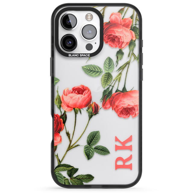 iPhone 16 Pro Max Personalised Clear Vintage Floral Pink Roses Black Impact Phone Case