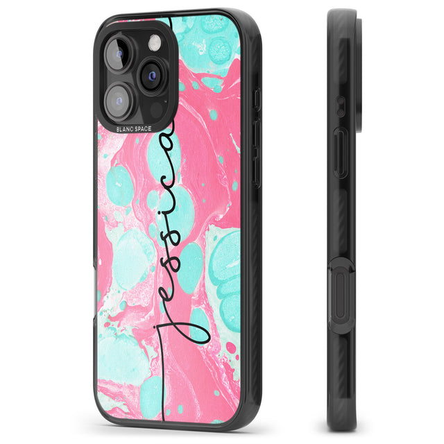 iPhone 16 Pro Max Personalised Turquoise & Pink - Marbled Black Impact Phone Case