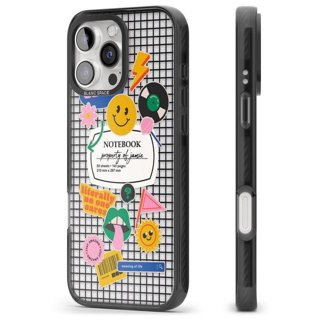 iPhone 16 Pro Max Personalised Sticker Mix on Grid Black Impact Phone Case