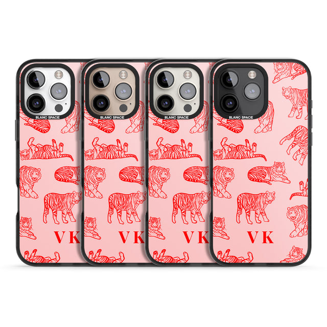 iPhone 16 Pro Max Personalised Red Tiger Outlines on Pink Black Impact Phone Case