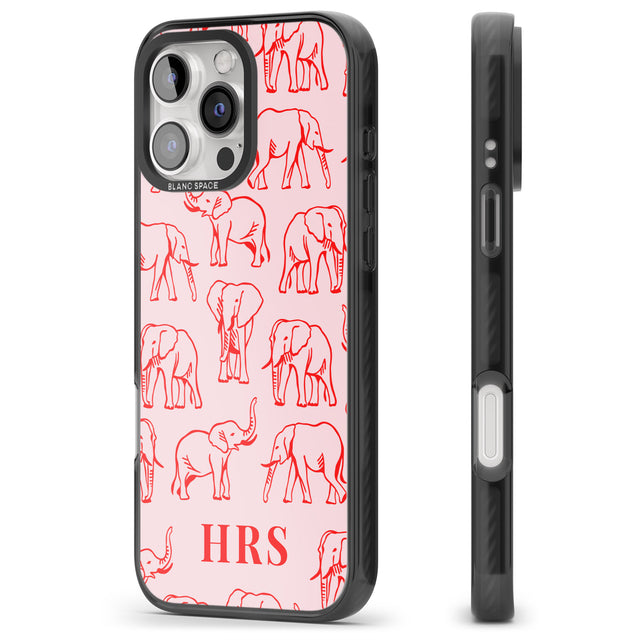 iPhone 16 Pro Max Personalised Red Elephant Outlines on Pink Black Impact Phone Case