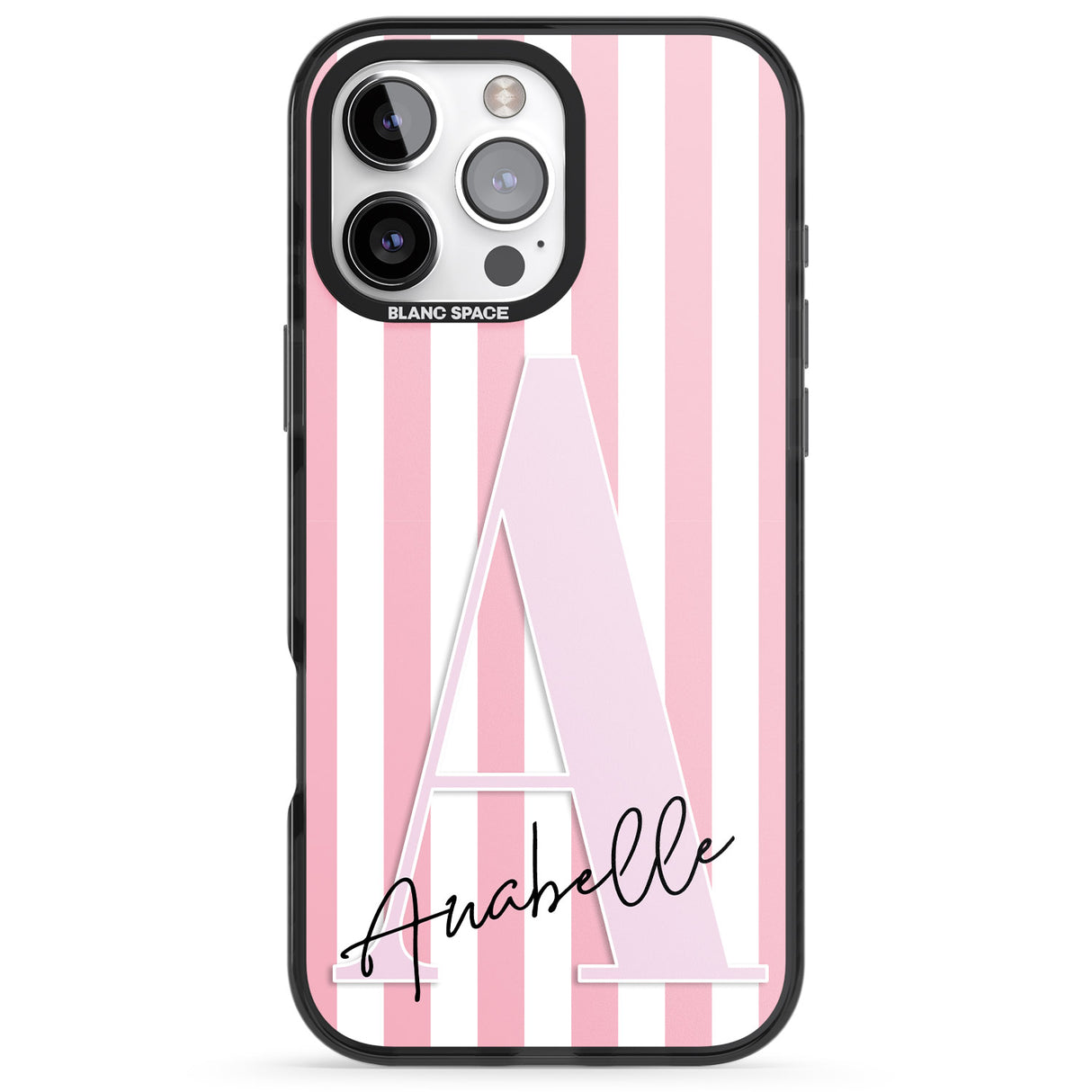 iPhone 16 Pro Max Personalised Pink Stripes & Large Monogram Black Impact Phone Case