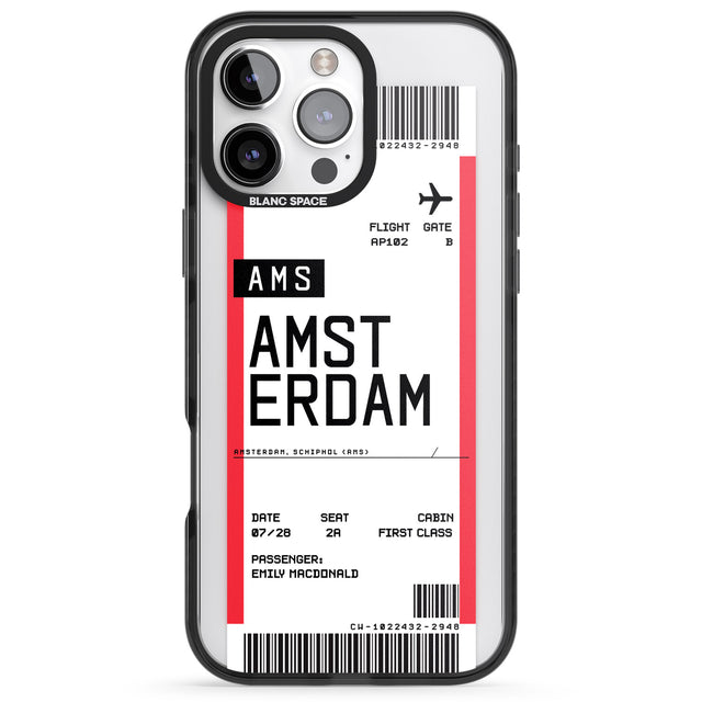 iPhone 16 Pro Max Personalised Amsterdam Boarding Pass Black Impact Phone Case