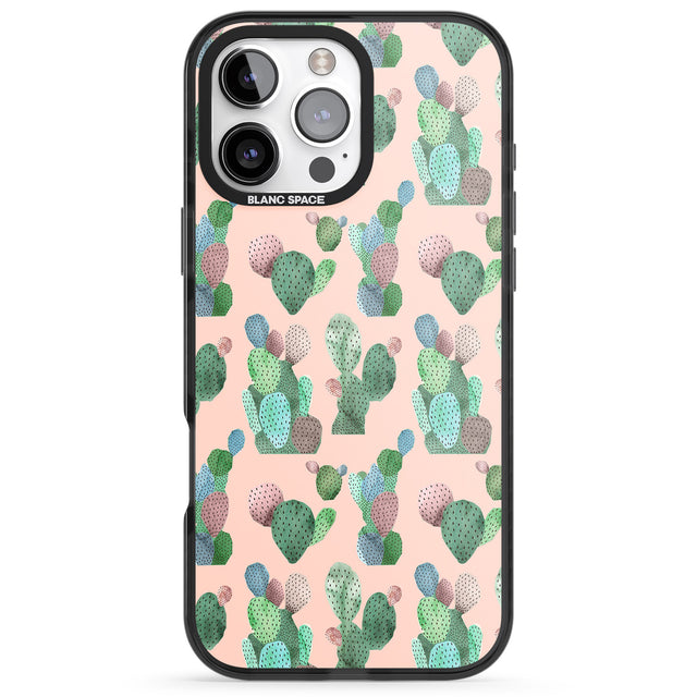 iPhone 16 Pro Max Pink Cactus Pattern Design Black Impact Phone Case