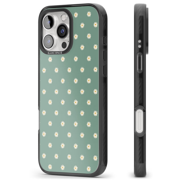 iPhone 16 Pro Max Daisy Pattern Teal Cute Floral Black Impact Phone Case