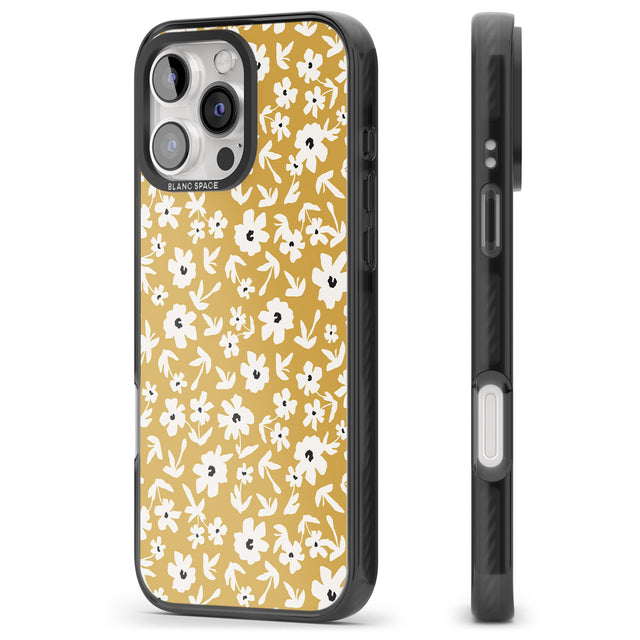 iPhone 16 Pro Max Floral Print on Mustard Cute Floral Black Impact Phone Case