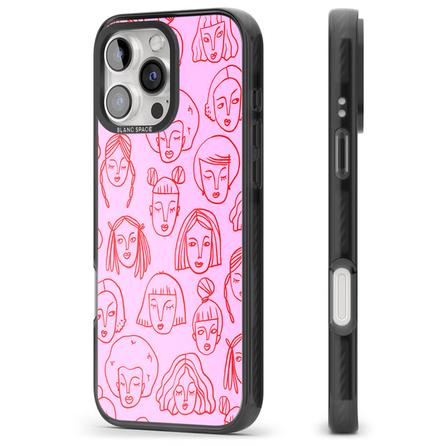 iPhone 16 Pro Max Girl Portrait Doodles in Pink & Red Black Impact Phone Case